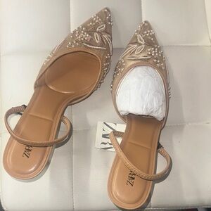 Zara Women's Beige Embellished Slingback Flats